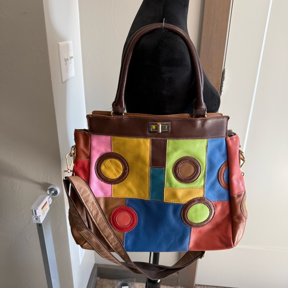 Sibalsi Leather Patchwork Colorful Tote Bag Purse Abstract Geometric Unique